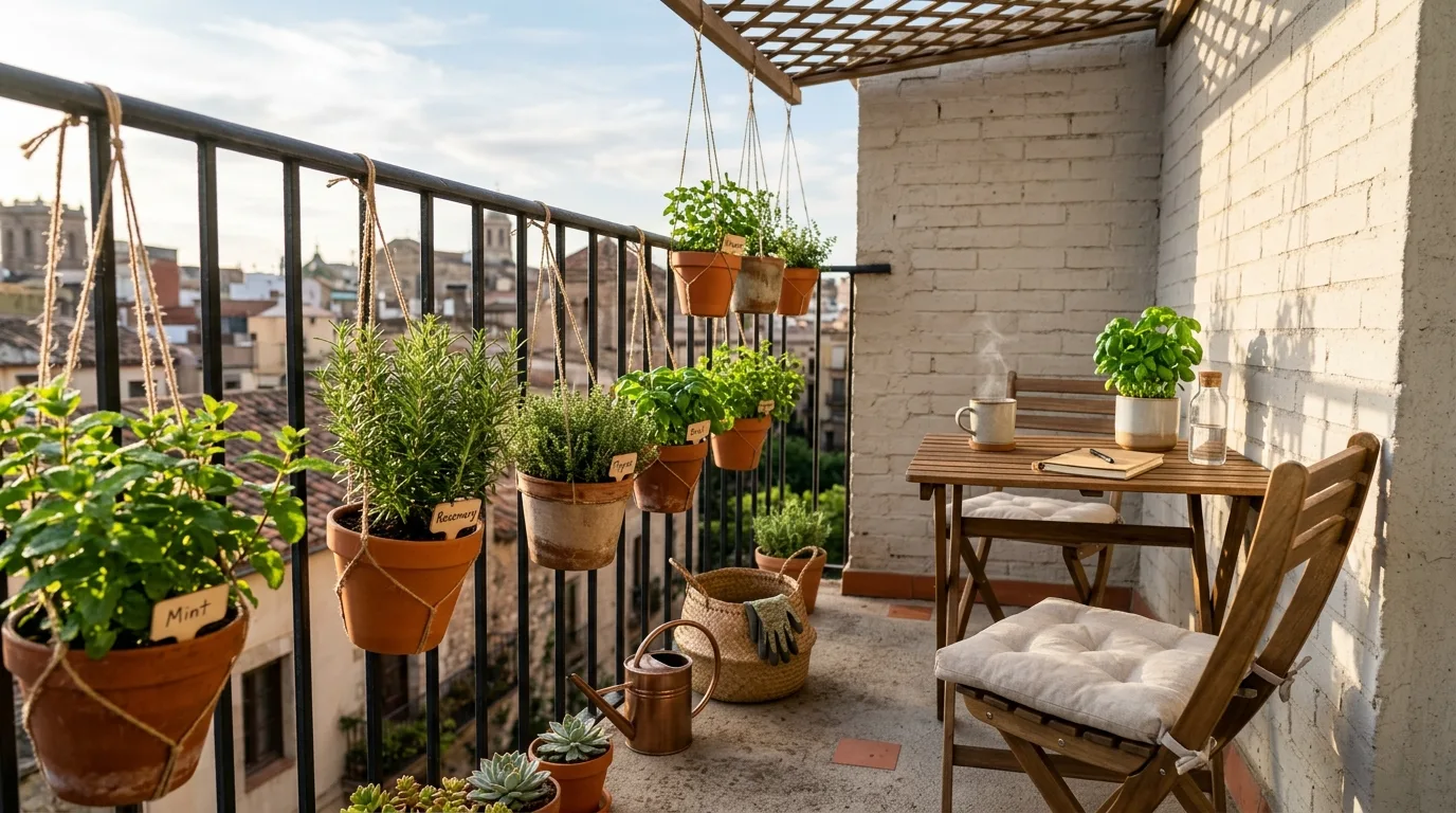 Minimalist Balcony Garden With Hanging Herb Pots